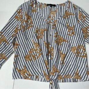 Kaii Los Angeles: Floral Crop Top Striped Blouse (Medium/M)